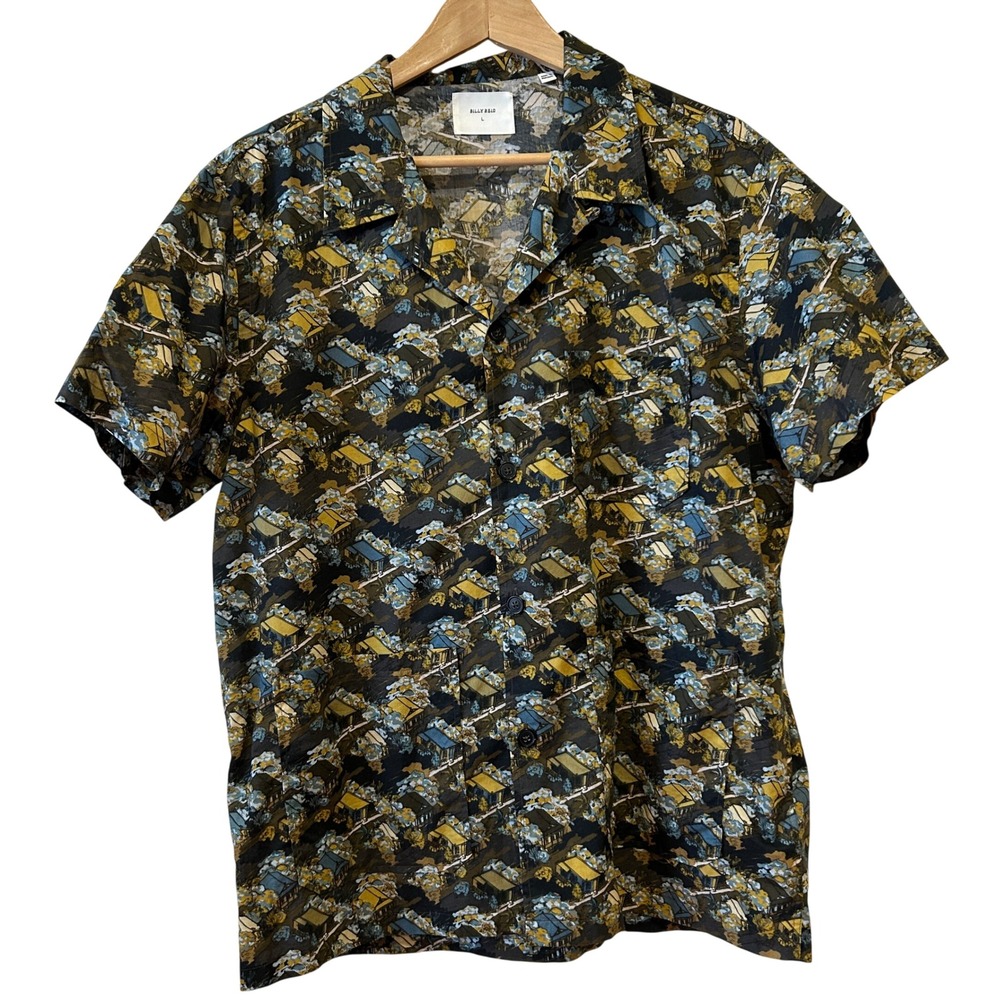 Billy Reid Shirt Sz L Multi Color Cotton AOP House Print Camp Collar Short Slv